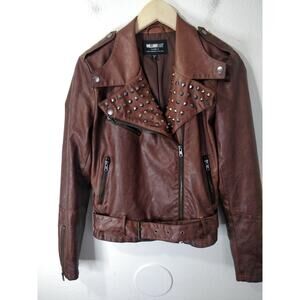 William Rast Mahogany Brown Vegan Leather Studded Asymmetric Zip Moto Jacket M